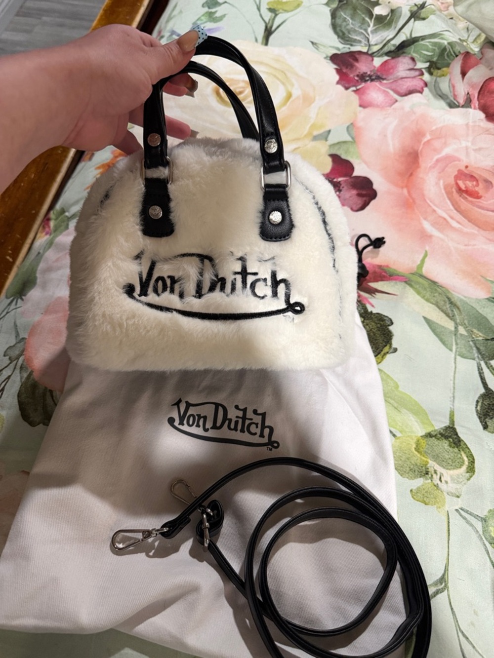Von Dutch White Faux Fur bowling bag